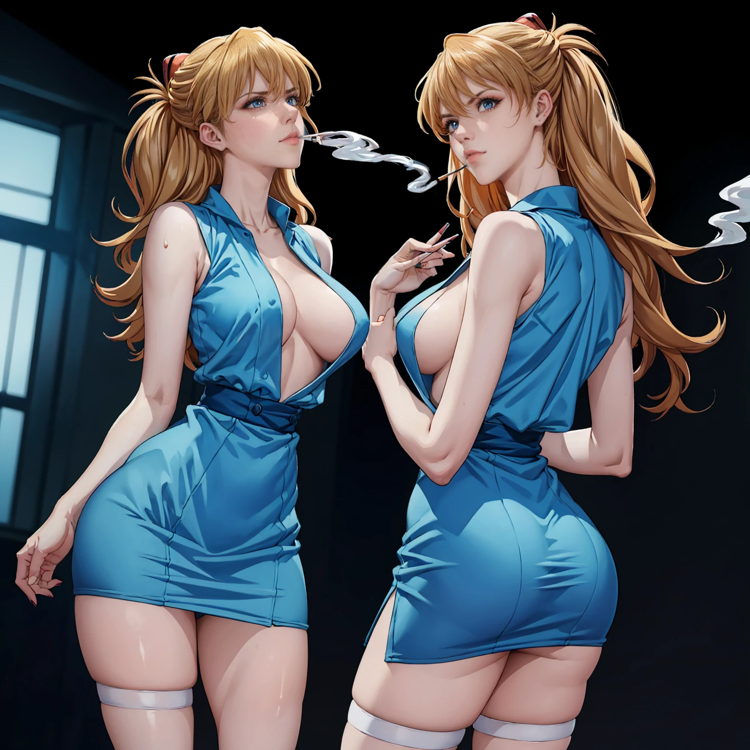 AsukaUn, ((long Orange hair, glowing blue eyes, makeup, narrow waist, skinny, medium breasts, Two side up)), pelvic curtain, ((Tokyo-3 middle , Blue vest)), full body, perfect body, (insanely detailed, beautiful detailed face, masterpiece, best quality) , (((solo))), (((1girl))), (((mature))), (extremely detailed 8k paper CG wall unit: 1.1), (cyberpunk, school, night), (Frown face for the viewer), Smoking a cigarette, Smoke coming out of the cigarette