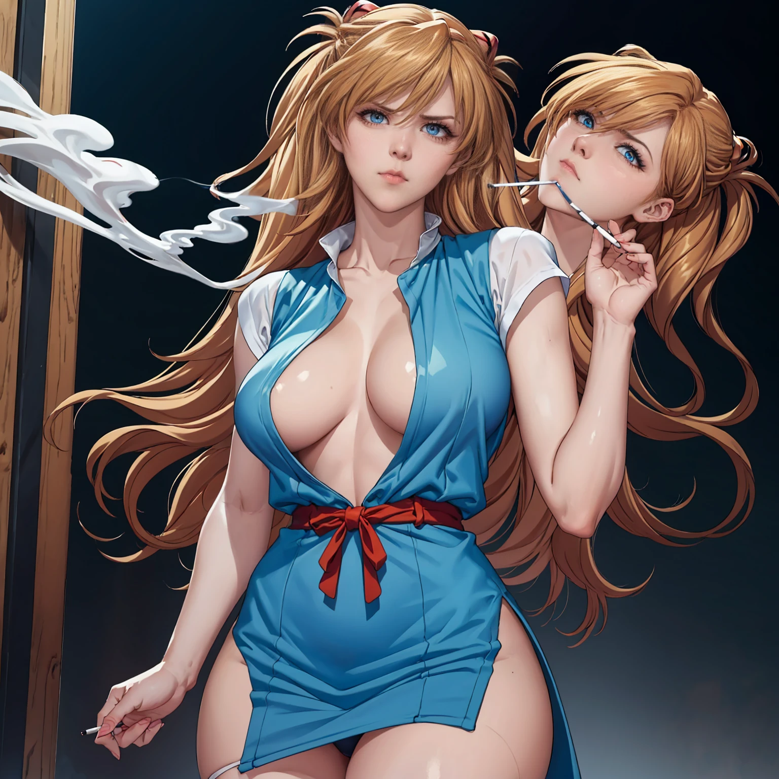AsukaUn, ((long Orange hair, glowing blue eyes, makeup, narrow waist, skinny, medium breasts, Two side up)), pelvic curtain, ((Tokyo-3 middle , Blue vest)), full body, perfect body, (insanely detailed, beautiful detailed face, masterpiece, best quality) , (((solo))), (((1girl))), (((mature))), (extremely detailed 8k paper CG wall unit: 1.1), (cyberpunk, school, night), (Frown face for the viewer), Smoking a cigarette, Smoke coming out of the cigarette