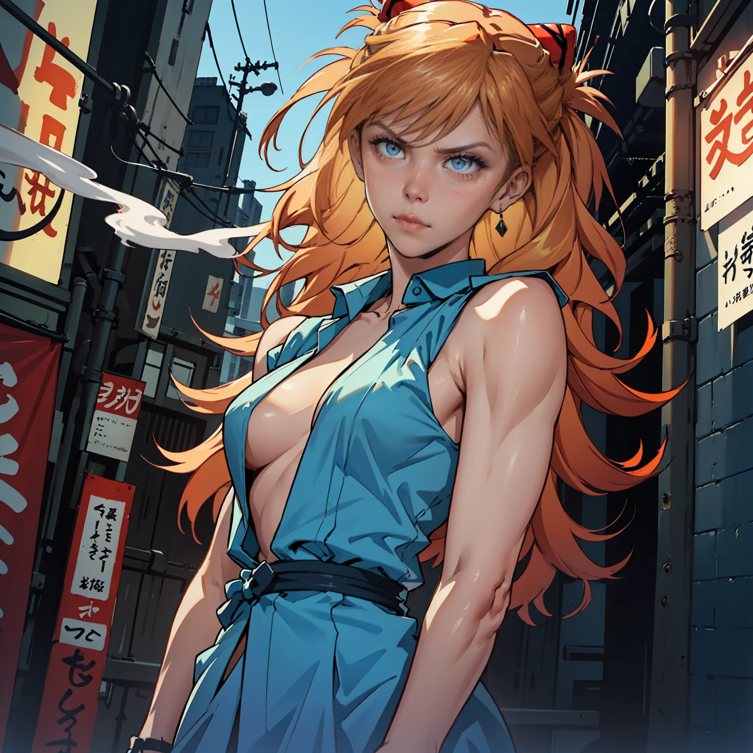 AsukaUn, ((long Orange hair, glowing blue eyes, makeup, narrow waist, skinny, medium breasts, Two side up)), pelvic curtain, ((Tokyo-3 middle , Blue vest)), full body, perfect body, (insanely detailed, beautiful detailed face, masterpiece, best quality) , (((solo))), (((1girl))), (((mature))), (extremely detailed 8k paper CG wall unit: 1.1), (cyberpunk, school, night), (Frown face for the viewer), Smoking a cigarette, Smoke coming out of the cigarette