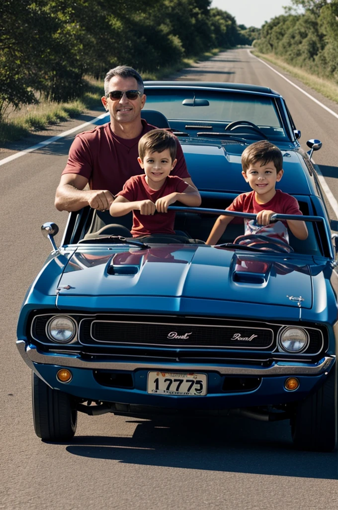 Dad and son in a muscle car on the road