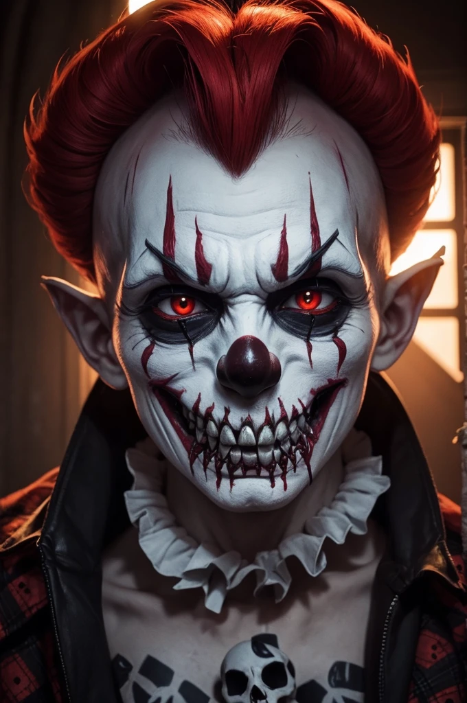 Make a demonic clown with several skulls around it