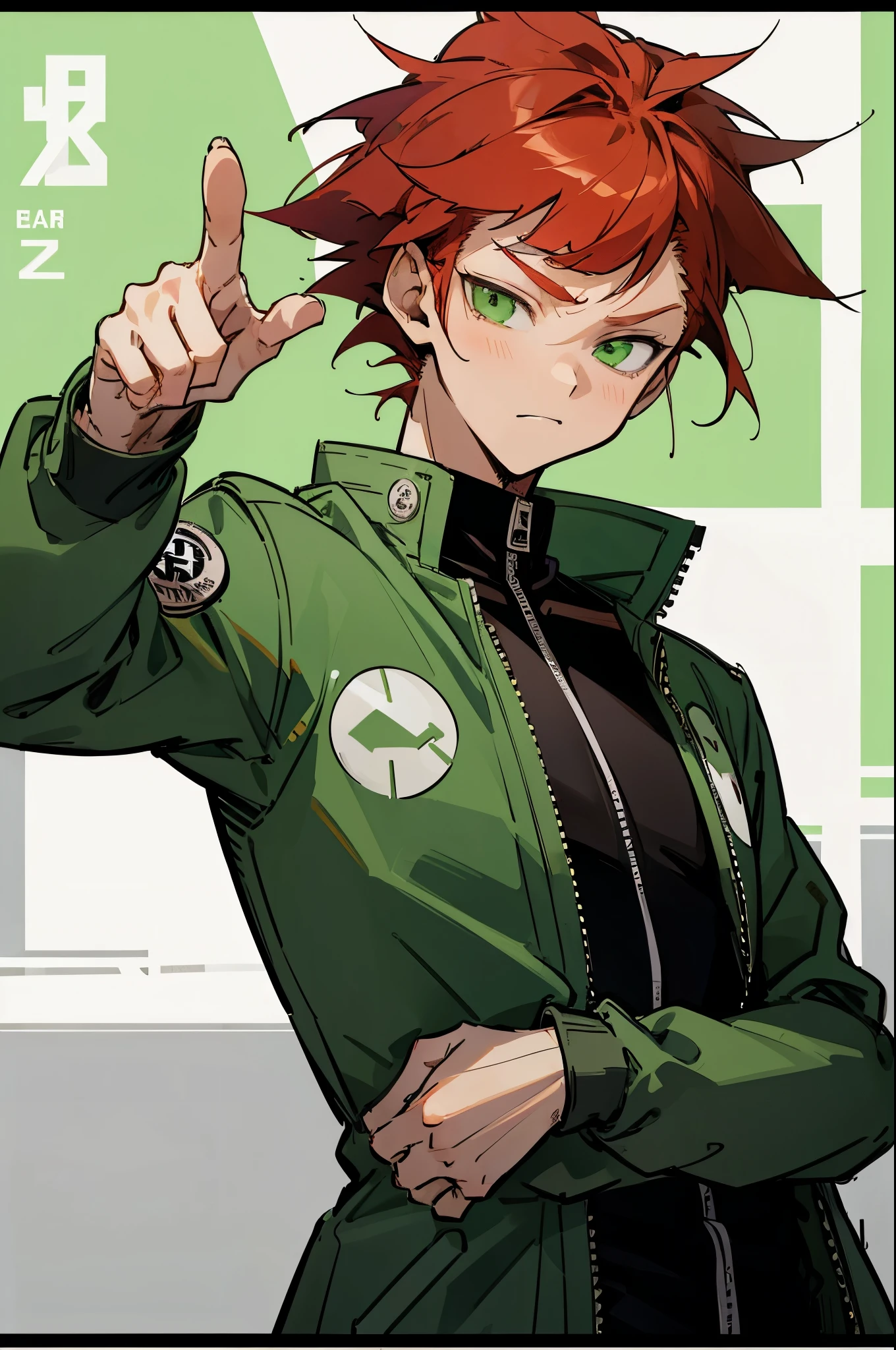 a cartoon girl with a green jacket and red hair pointing up, trigger anime artstyle, high quality anime artstyle, in an anime style, anime boy, in anime style, anime style character, anime artstyle, epic anime style, anime moe artstyle, anime style portrait, 2 d anime style, male anime style, high quality fanart, anime art style