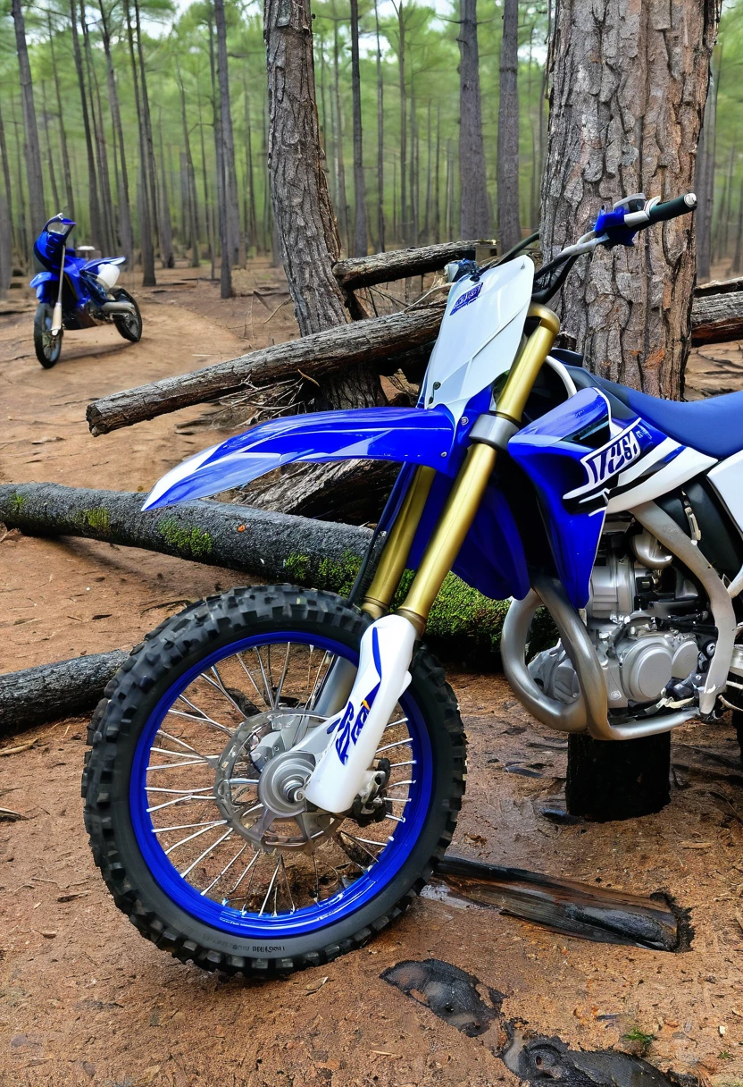 Yamaha YZ 250 motorcycle crashed against a tree in the New Jersey pine barrens, broken wheel and oil on ground