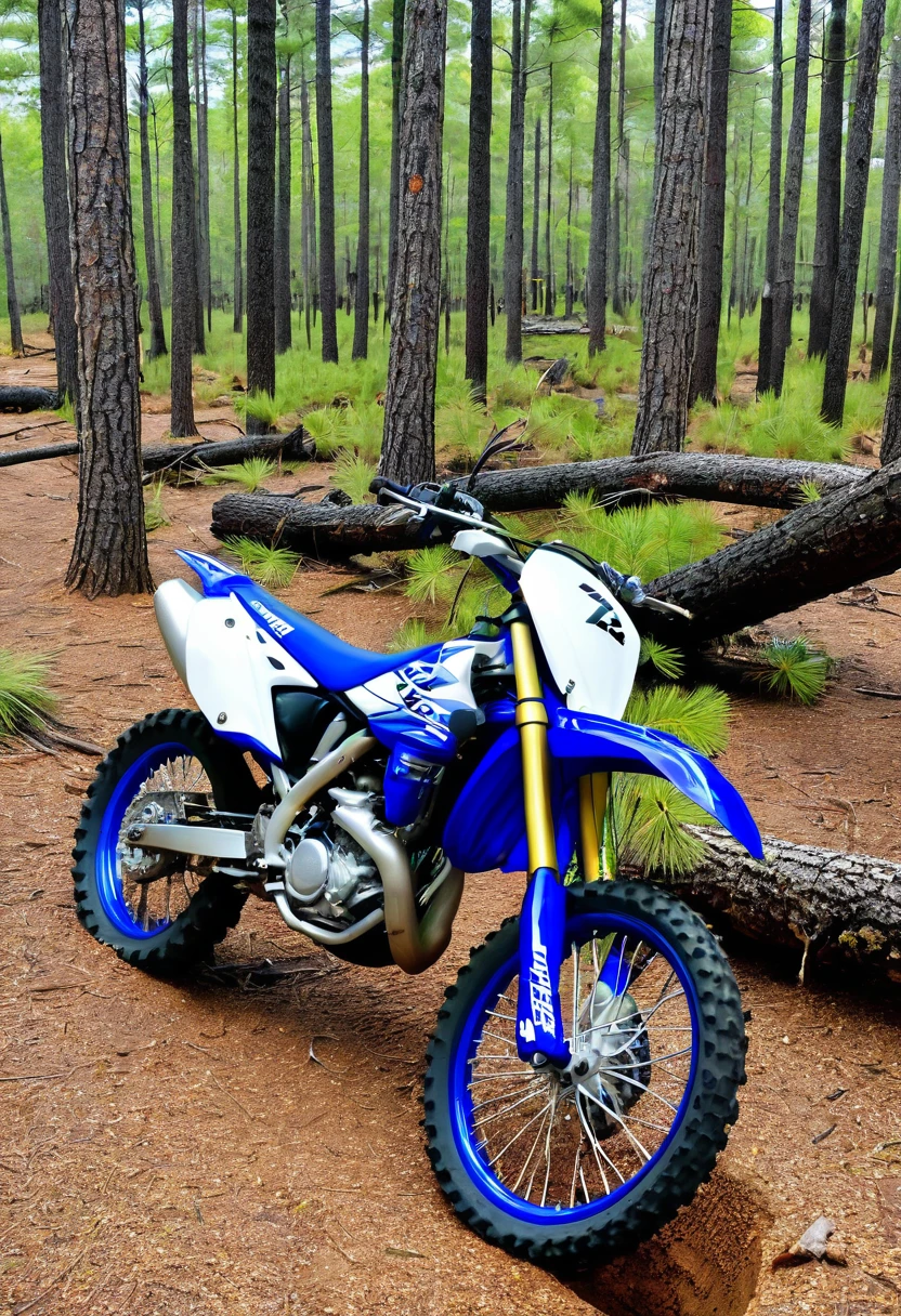 Yamaha YZ 250 motorcycle crashed against a tree in the New Jersey pine barrens, broken wheel and oil on ground