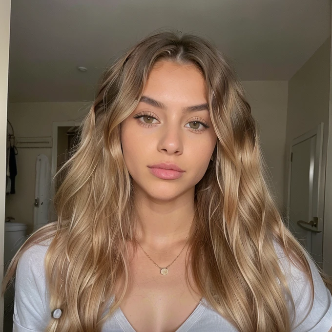 italiana hermosa from 17 years old, brown blonde ,rostro angelical y tierna , long hair hairsty le Semi updo with braid and thick waves Blonde with light roots , in the bathroom with clothes ,(( foto realista de noche), ((pechos normales )),((rostro angelical)),((foto entera de cuerpo con ropa ),((blonde hair sexy with roots )), ((ropa de noche), cabello rubio curtos,Ojos castanhos claros , cuerpo completo ,Realista, sexy un  muy elegante, of celestial roots, rubia pelo, con ropa ,de noche,LUT de Instagram, from 17 years old.