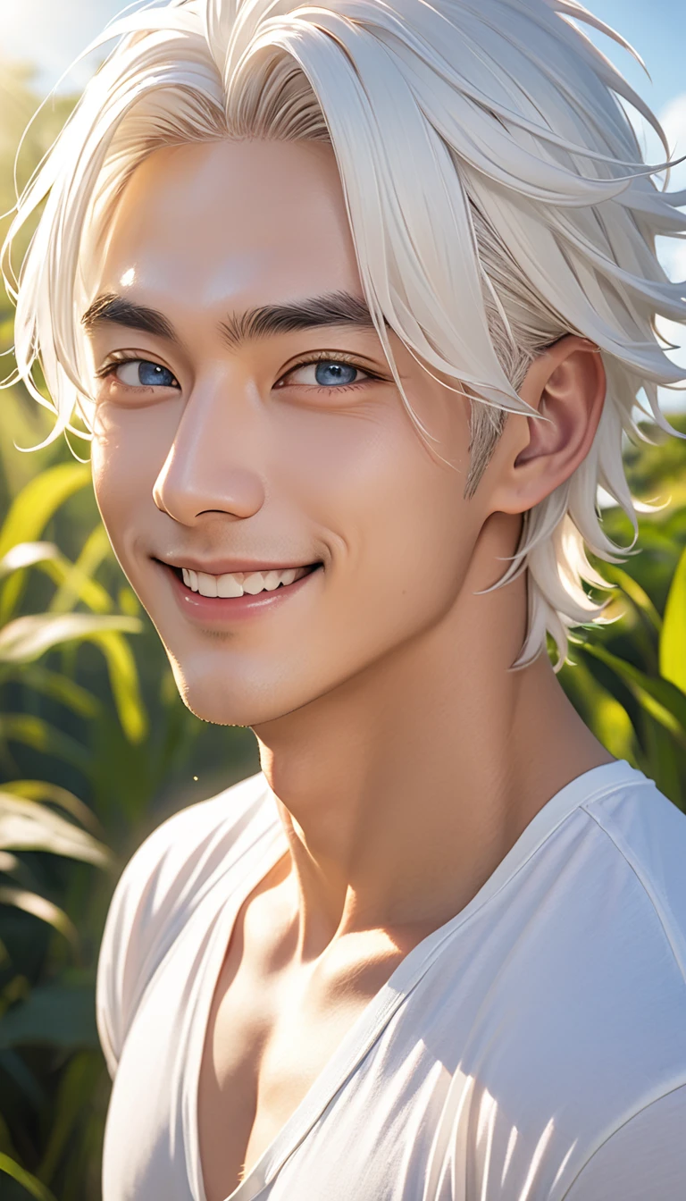 double eyelid、male、Muscular、Foreigners、White skin、smile、Smiling with teeth showing、White Hair、Set hairstyle、T-Shirts、Under the blazing sun、sunlight、summer、Dazzling、20th Generation、Bony face、tall、White eyebrows、Narrow eyes、Light blue eyes、Perfect figure、masterpiece、Nature、大人びたmale
