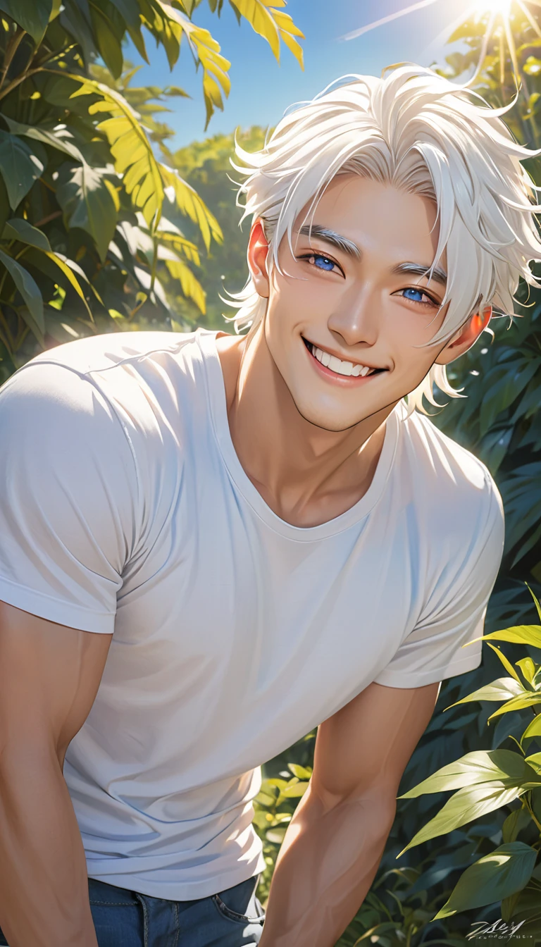 double eyelid、male、Muscular、Foreigners、White skin、smile、Smiling with teeth showing、White Hair、Set hairstyle、T-Shirts、Under the blazing sun、sunlight、summer、Dazzling、20th Generation、Bony face、tall、White eyebrows、Narrow eyes、Light blue eyes、Perfect figure、masterpiece、Nature、大人びたmale