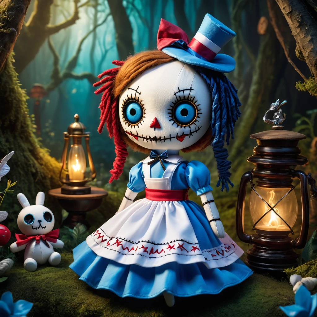 (knitted toy voodoo doll:1.8), (Voodoo Alice in Wonderland:1.2), (Clothing: In the style of Alice in Wonderland, blue dress, white apron:1.0), (against the background of the Magical forest, fantastic creatures:1.0), (Alice in Wonderland atmosphere:1.5), best quality, masterpiece, detailed soft oil painting, detailed background, dramatic cinematic lighting, soft edge lighting, professional, dramatic lighting, hard edge lighting, ultra quality, 4k, masterpiece, best quality, 8k, ultra high definition, high resolution, extremely detailed