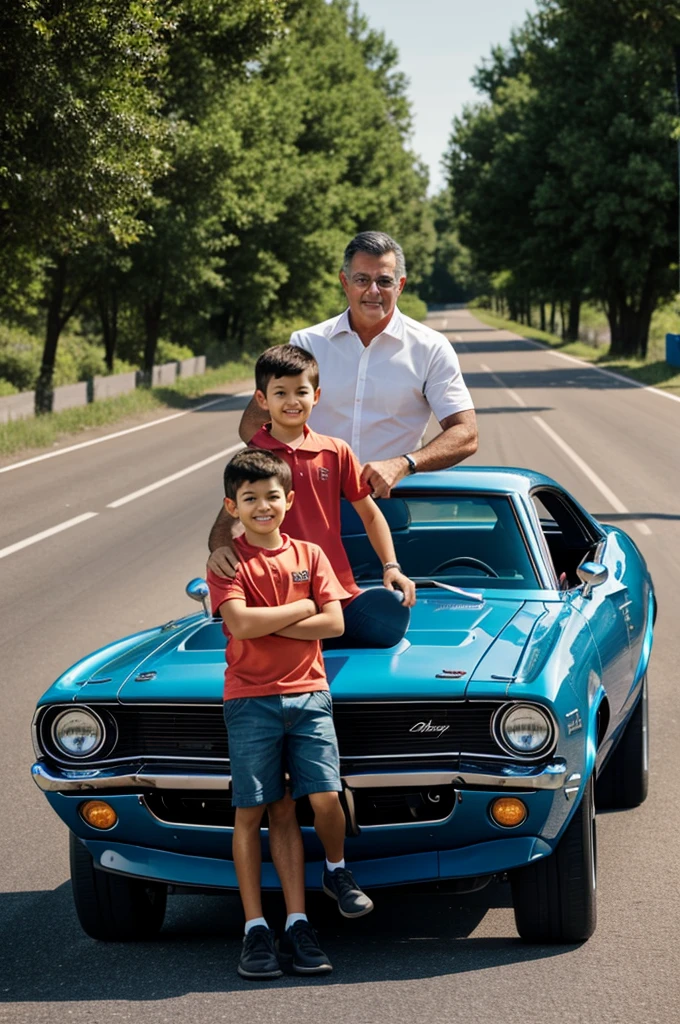 Dad and son in a muscle car on the road