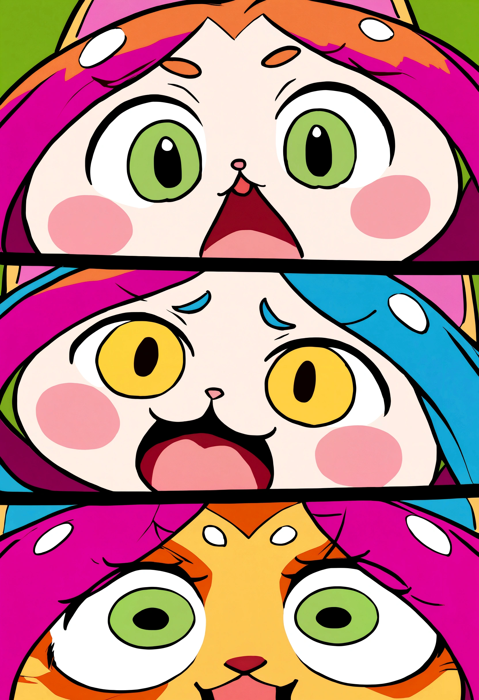 Create an exaggerated cartoon image of a cat with wide eyes, raised eyebrows, and an open mouth, showing extreme surprise. The expression should be over-the-top and humorous. Keep the background simple and unobtrusive.