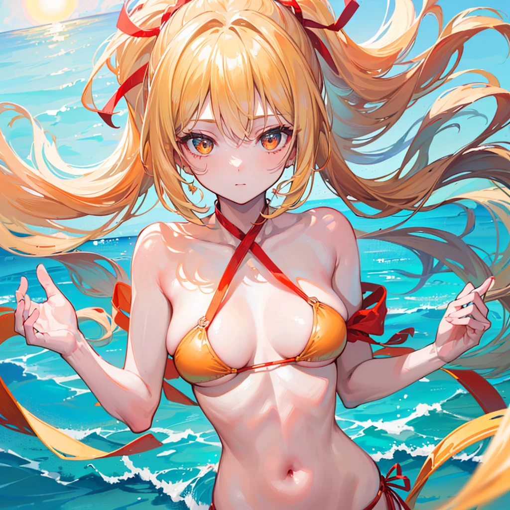(((Best quality, 8k, Masterpiece: 1.3)), ((best quality)), ((masterpiece)), (detailed), Girl,Blonde,ponytail,Red ribbon,Golden Eyes,Orange Bikini,Ocean,sun,Bring your face closer to the screen