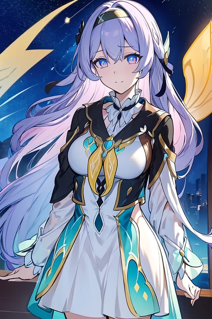 masterpiece,best quality,firefly \(honkai: star rail\), 1girl, solo, sky, star_\(sky\), looking_at_viewer, smile, long_hair, starry_sky, blue_eyes, bangs, night, hairband, night_sky, closed_mouth, white_hair, long_sleeves, black_hairband, wing_hair_ornament, hair_ornament, dress, hair_between_eyes, hews, large breasts
