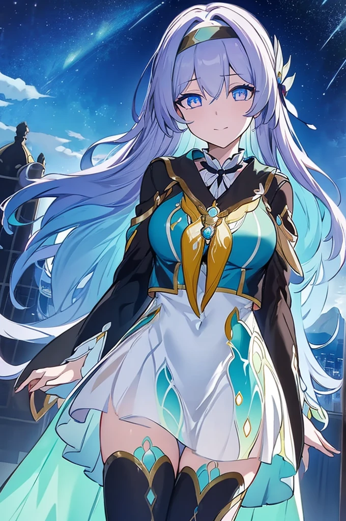 masterpiece,best quality,firefly \(honkai: star rail\), 1girl, solo, sky, star_\(sky\), looking_at_viewer, smile, long_hair, starry_sky, blue_eyes, bangs, night, hairband, night_sky, closed_mouth, white_hair, long_sleeves, black_hairband, wing_hair_ornament, hair_ornament, dress, hair_between_eyes, hews, large breasts
