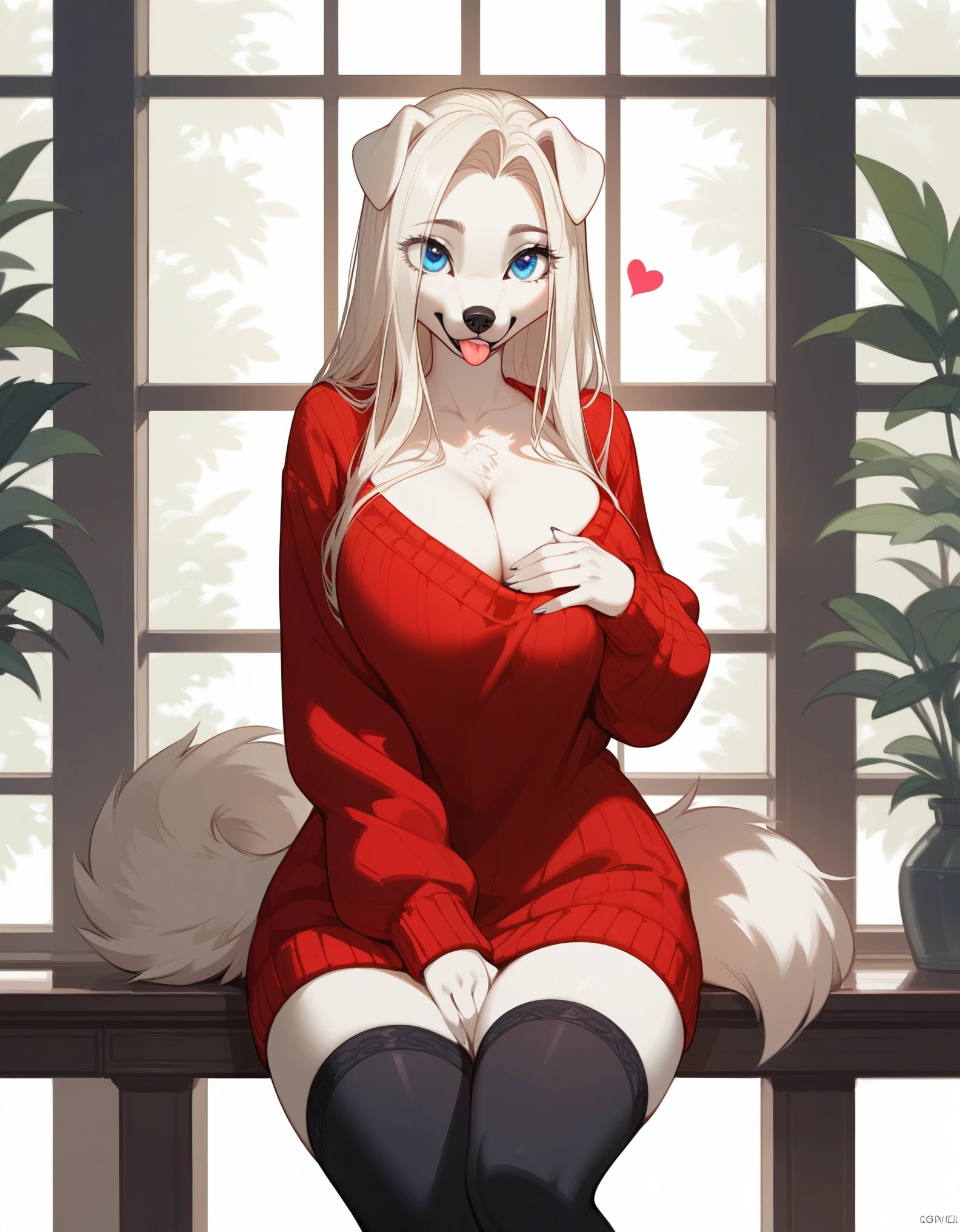 Solo, score_9,score_8_up,score_7_up, source_furry, an Anthro furry borzoi girl, female canine, long snout, black nose, black lips, blue eyes, long platinum blonde hair with a top knot, tall and curvy, wear only oversized red sweater, cleavage window, long sleeves covering hands, black thigh high socks, blep, playfully sticking tongue out, little cute hearts around her, simple background