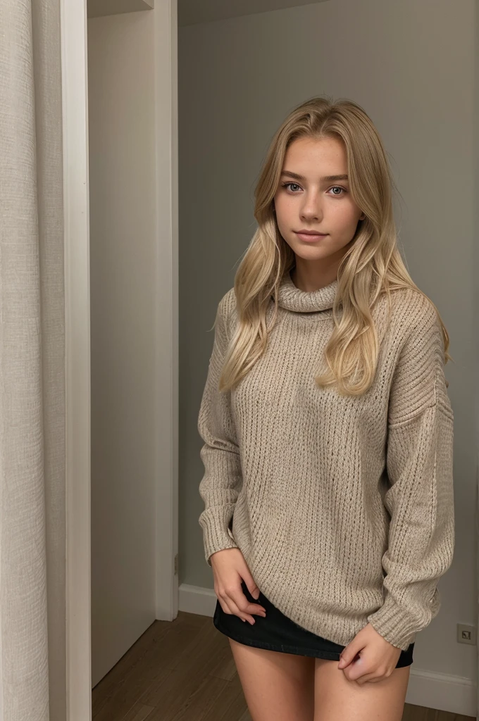 1girl in, age19, Allein, lange Haare, Kolossal , Betrachter betrachten, blondes Haar, nackten Schultern, braune Augen, Juwelier, Full body, eine Halskette, schulterfrei, Pullover, Realistisch, Eine sexy