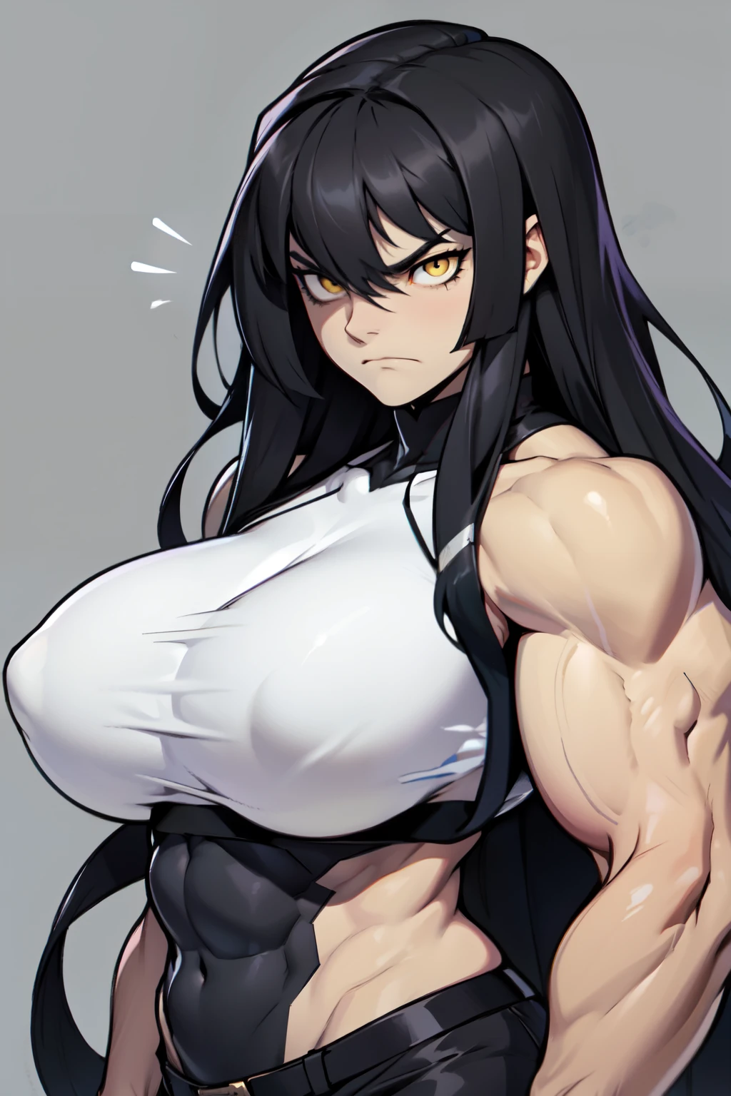 girl ((muscular)) huge toned body black hair yellow eyes very long hair solo pale skin sad frown