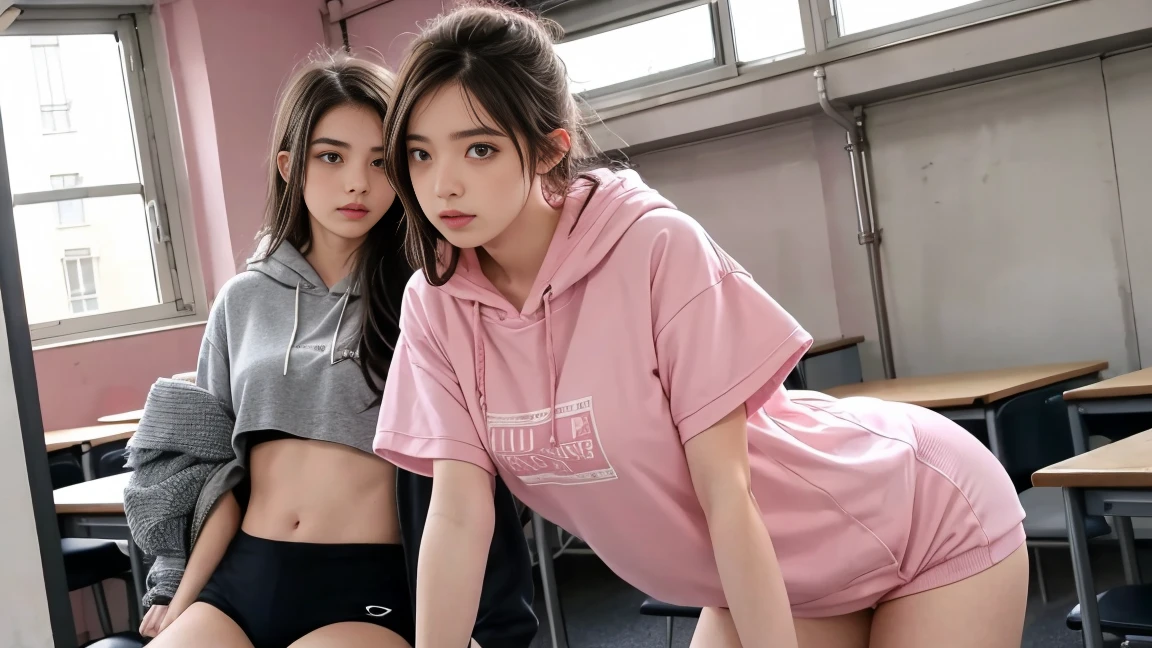 deux femmes ensemble de 18 ans sexy et mince , pink short sleeve hoodie , salle de classe, se touche,position sey,sensuel