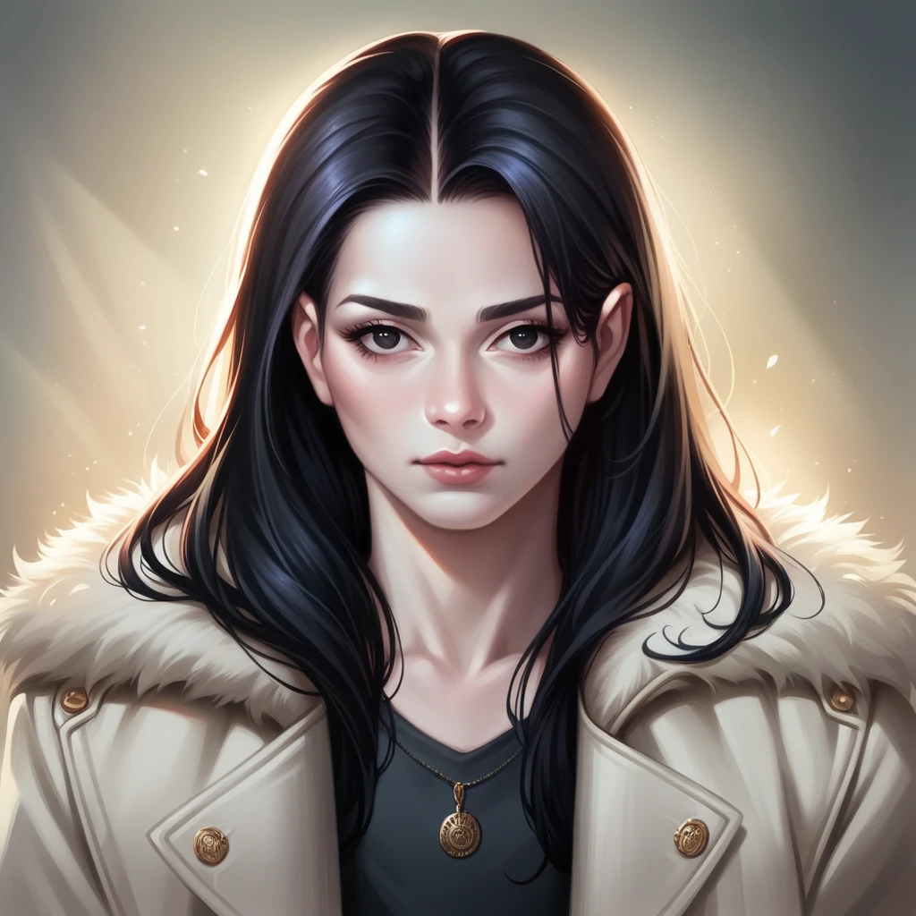 beautiful girl with realistic black eyes, pale skin, mid-length black hair, perfect face, perfect eyes, wearing coat, highly detailed, comprehensive cinematic, digital painting, 8k, cinematic lighting, best quality, highres, detailed work, post-processing, perfect result, hyper realistic