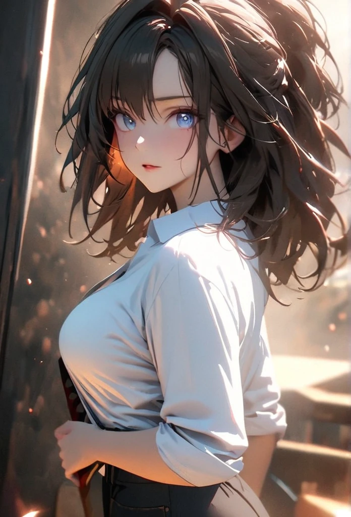 (solo), black hair, messy hair, mane hair, medium hair, dense hair, wild hair, expressive hair, ponytail, mature,(25 year old), pale skin, blue eyes, ((Female)), beatiful girl, wearing a white shirt, open shirt, tight clothes, long black pants, rolled up sleeves, beautiful, attractive, large breast, and round and big ass, Holding a katana, eye reflection, depth of field, thunder aura, cinematic lighting, ray tracing, depth of field, cinematic lighting, ray tracing, UHD, high details, best quality, highres, high quality, award winning, super detail, masterpiece, 8k, UHD, high details, best quality, highres, high quality, award winning, super detail, masterpiece, 8k, digital art, anime coloring, body shot, good face, perfect face, detailed face, good eyes. Space and planets background