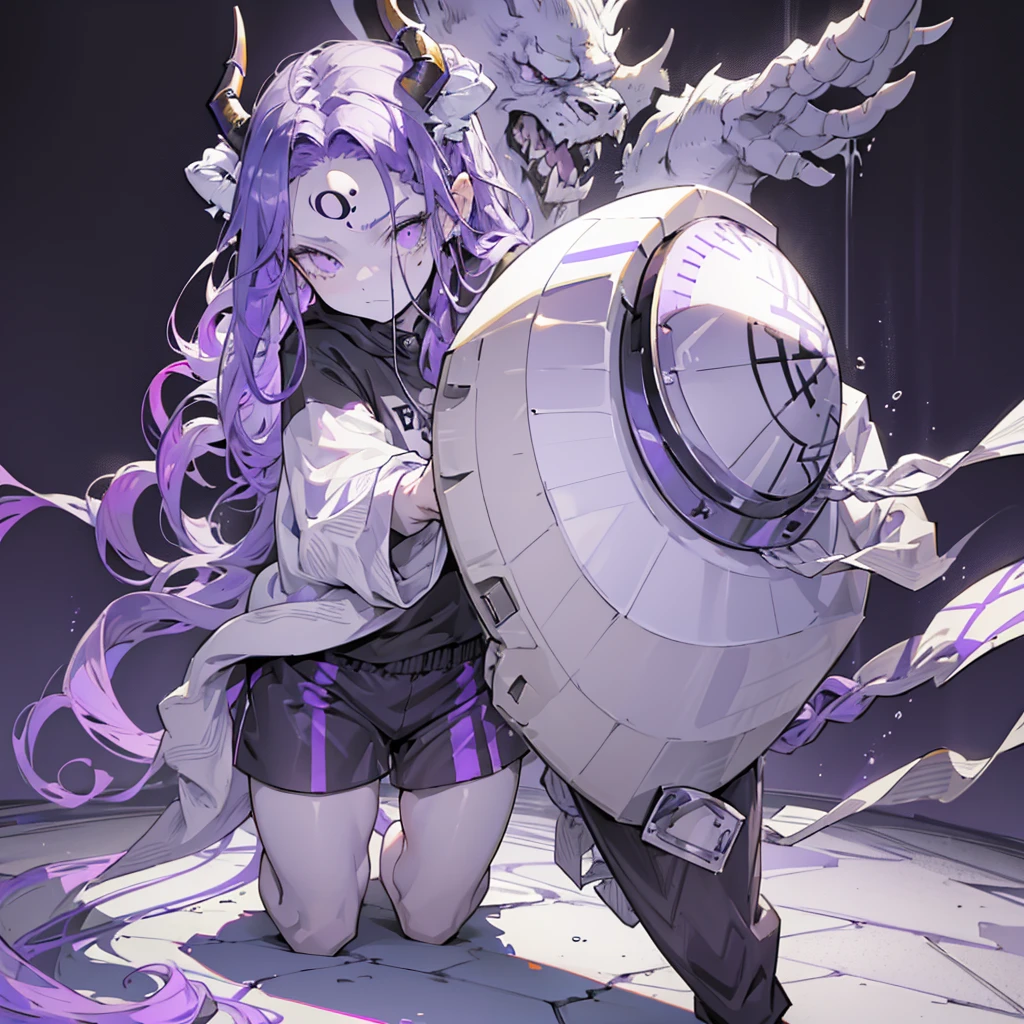 boy. open forehead. Long dark purple hair braided on the left side. Black horns with white ribbon. pale violet eyes. Long white t-shirt. Dark purple shorts. Dark purple knee socks. Robe with a white hood with an ornament of gold rings. Concrete walls black limit purple light water on the floor