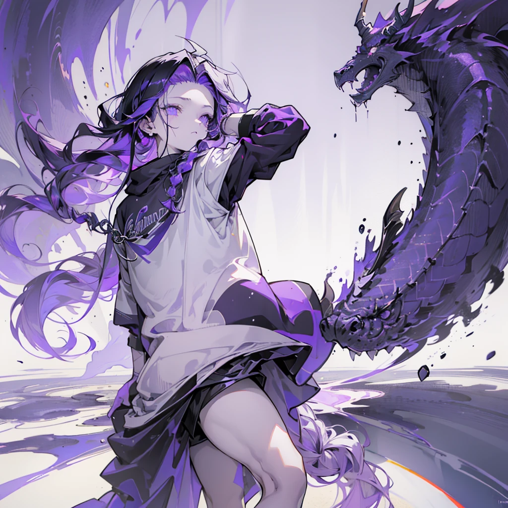 boy. open forehead. Long dark purple hair braided on the left side. Black horns with white ribbon. pale violet eyes. Long white t-shirt. Dark purple shorts. Dark purple knee socks. Robe with a white hood with an ornament of gold rings. Concrete walls black limit purple light water on the floor