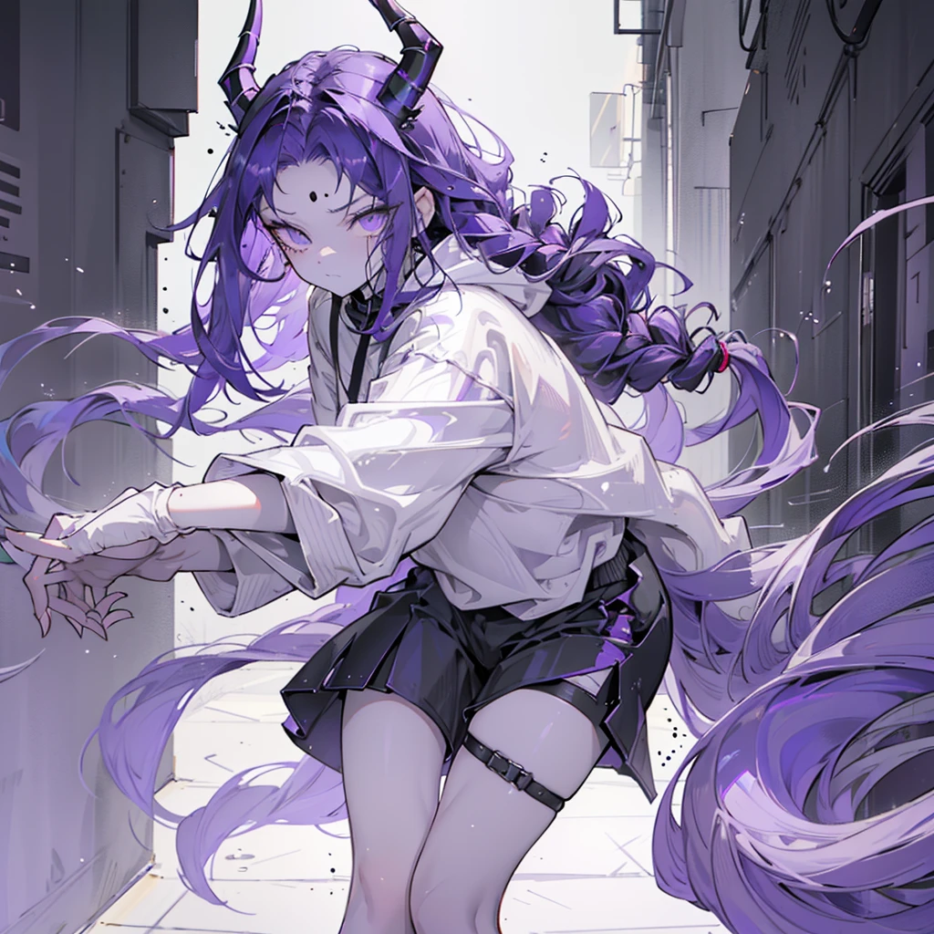 boy. open forehead. Long dark purple hair braided on the left side. Black horns with white ribbon. pale violet eyes. Long white t-shirt. Dark purple shorts. Dark purple knee socks. Robe with a white hood with an ornament of gold rings. Concrete walls black limit purple light water on the floor