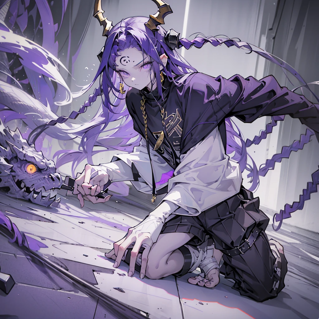 boy. open forehead. Long dark purple hair braided on the left side. Black horns with white ribbon. pale violet eyes. Long white t-shirt. Dark purple shorts. Dark purple knee socks. Robe with a white hood with an ornament of gold rings. Concrete walls black limit purple light water on the floor