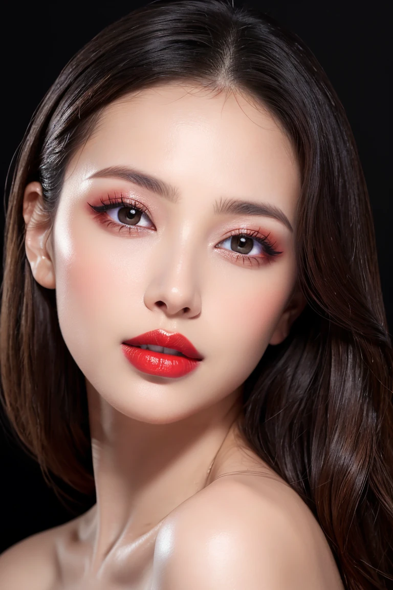 (Highest quality、Tabletop、8k、Best image quality、Award-winning works)、Cute beauty、(nude:1.3)、(The simplest pure black background:1.5)、(Face close-up:1.6)、Accentuate your body lines、Beautiful and exquisite、Expressionless、(look straight at me:1.1)、(stand upright facing forward:1.1)、(Perfect Makeup:1.1)、(Bright lipstick:1.1)、Ultra-high definition beauty face、Ultra HD Hair、Ultra HD Shining Eyes、Ultra-high quality, vibrant and glossy lip color、Accurate anatomy、Very beautiful skin、Ultra high resolution and beautiful, Glowing Skin、An elegant upright posture when viewed from the front、Sweaty skin、Hot face、Damp Hair、Moist Skin