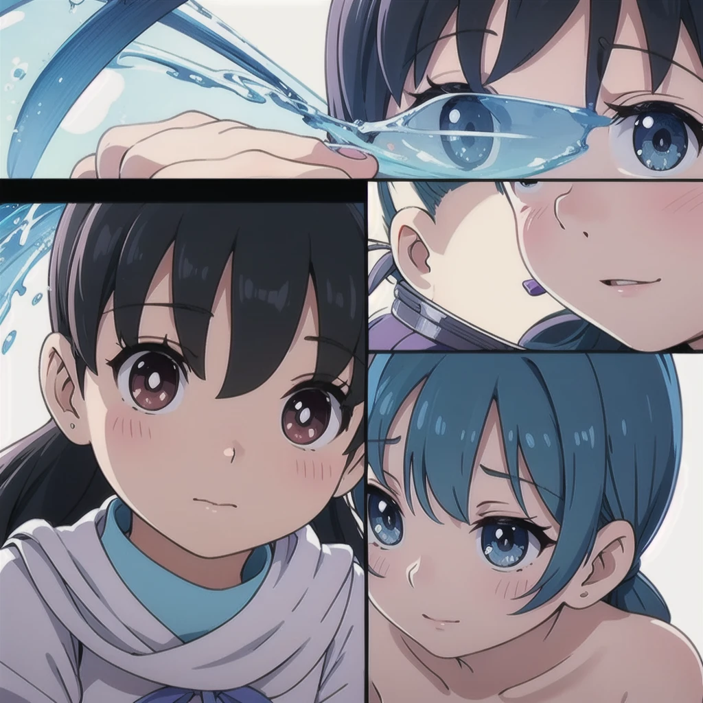 ((Highest quality)), ((masterpiece)), ((Super detailed)), (blue water), (Detailed light), (Very delicate and beautiful), (2girls,lily:1.3), (blush),(Show down Split Screen Theme:1.4),(lora:Minamoto Shizuka:1.4),(Detailed anime faces),Luminous pupils,white stockings,black hair,black eyes,(lily,lessbian:1.4),Depth of written boundary,Best lighting,Volumetric Light,nude,naked,bigtits,