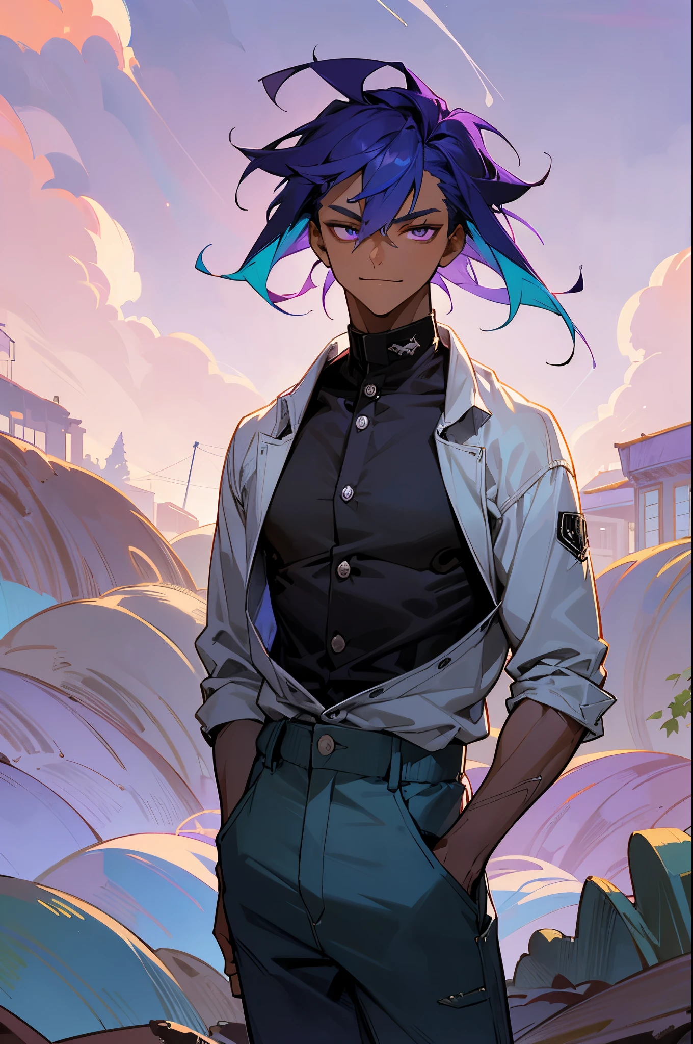 1male, adult, dark skin, finely detailed violet eyes, short messy hair, neon blue ombré hair color, undercut, loose button down, casual clothes, loose baggy pants, standing with arms folded, standing on open trail, night, confident smile, village, serious, handsome
