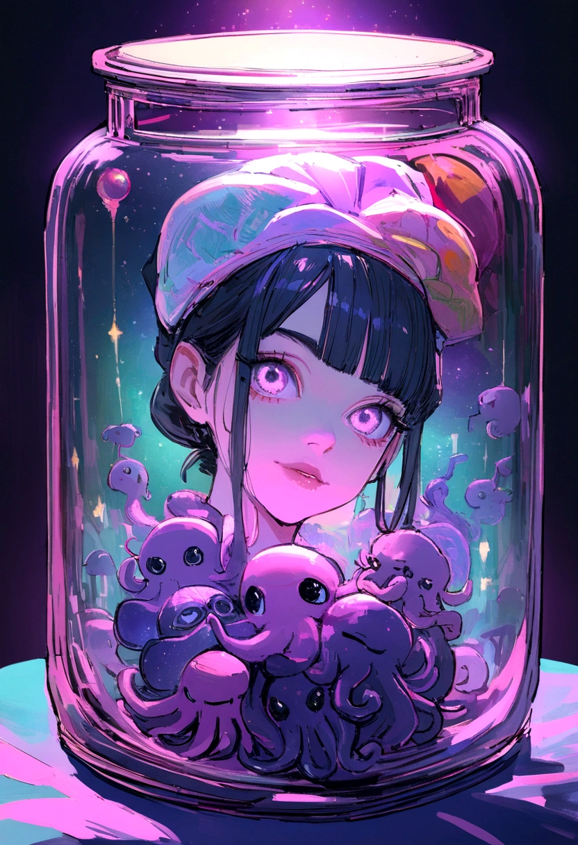galaxy environment, caprichoso, A small octopus in a magical jar of unviable dream, 8K, Vivid, ultra detalis | | | | | | |, colorful lighting, fotografia surreal, retrato, widescreen