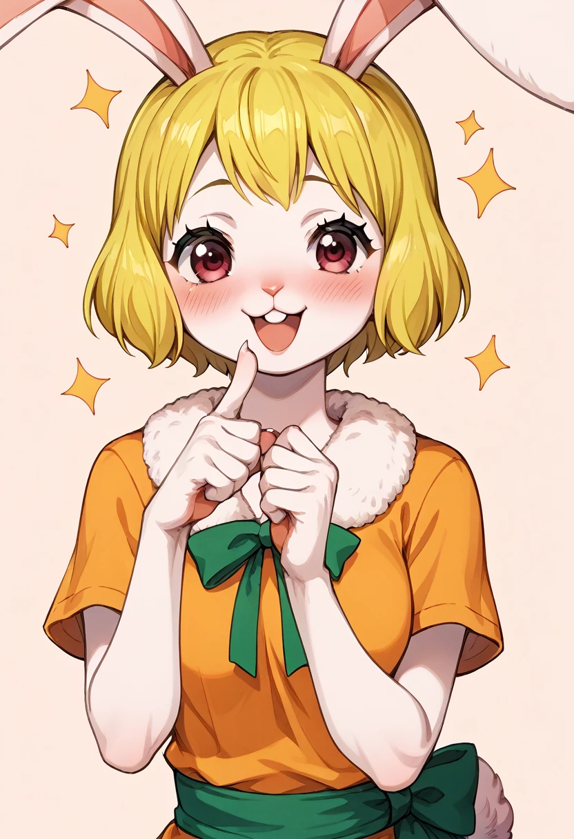 score_9, score_8_up, score_7_up, source_anime, BREAK, solo, solo focus, Opcarrot, 1girl, blonde hair, short hair, furry, white furr, blush,  happy, cute, rabbit ears, small claws