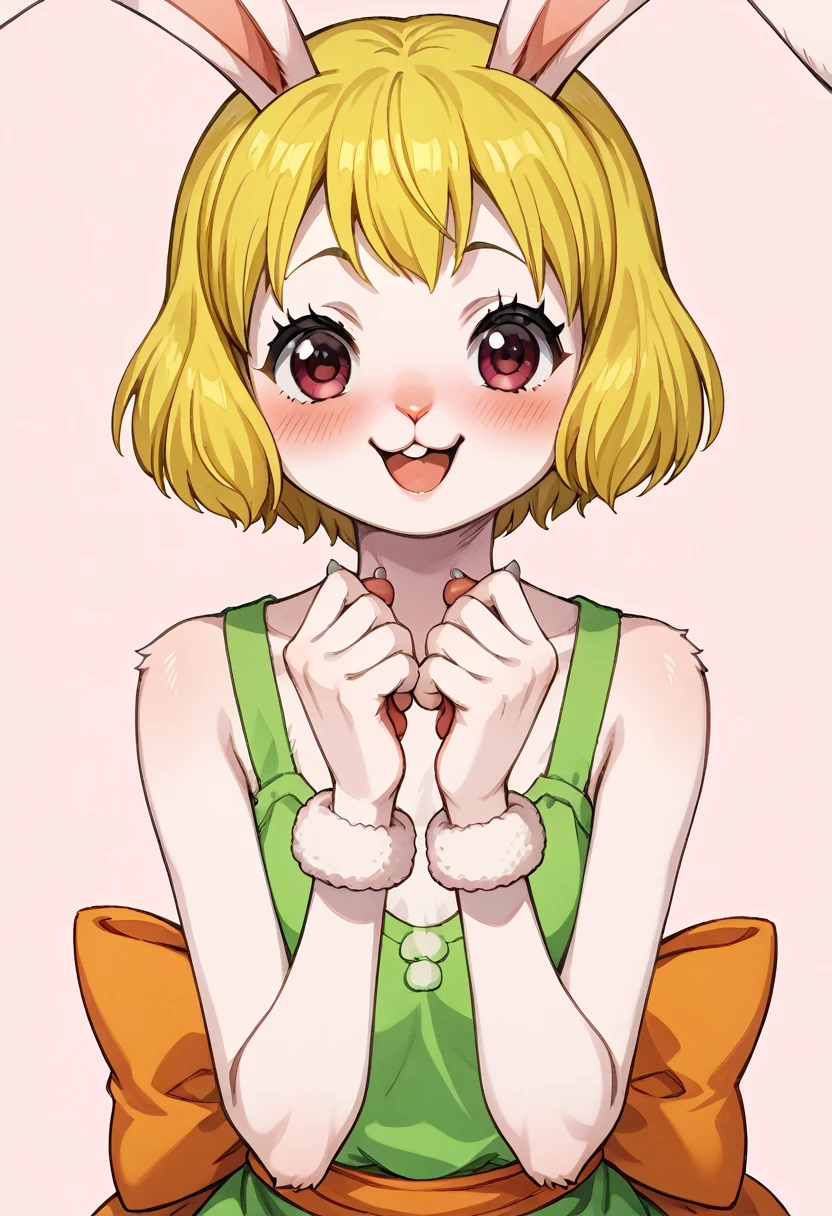 score_9, score_8_up, score_7_up, source_anime, BREAK, solo, solo focus, Opcarrot, 1girl, blonde hair, short hair, furry, white furr, blush,  happy, cute, rabbit ears, small claws