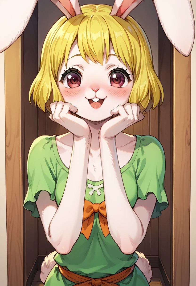 score_9, score_8_up, score_7_up, source_anime, BREAK, solo, solo focus, Opcarrot, 1girl, blonde hair, short hair, furry, white furr, blush,  happy, cute, rabbit ears, small claws