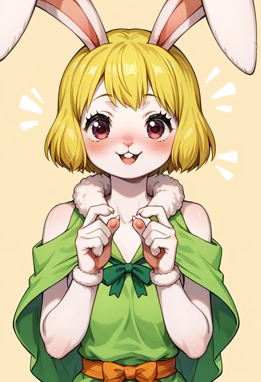 score_9, score_8_up, score_7_up, source_anime, BREAK, solo, solo focus, Opcarrot, 1girl, blonde hair, short hair, furry, white furr, blush,  happy, cute, rabbit ears, small claws