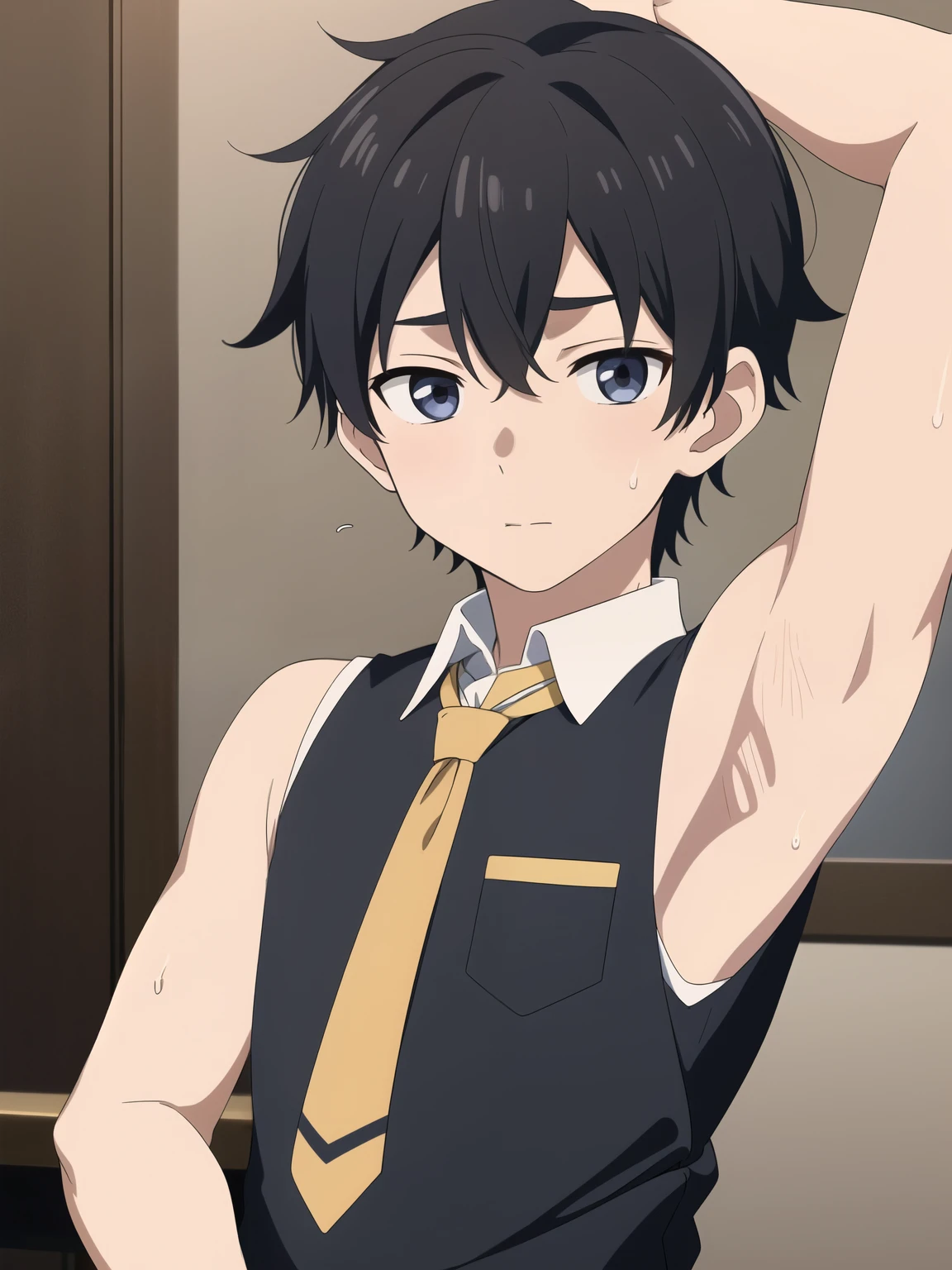 Highres, Masterpiece, Best quality at best,Best Quality,hight quality, hight detailed, Anime style, 1boy, Shota, bangs, Tie, Sleeveless vest, cafe, Seen from the front, look at viewer, (very young boy), (very small and short body), 12-year-old boys, Such a cute smooth armpit, The boy is very tempting, Cute armpit, sexy armpit, beautiful armpits, seductive armpits, a Boy cutely shows his armpit, hansome boy, Sweat, Uhd, 4k wallpaper