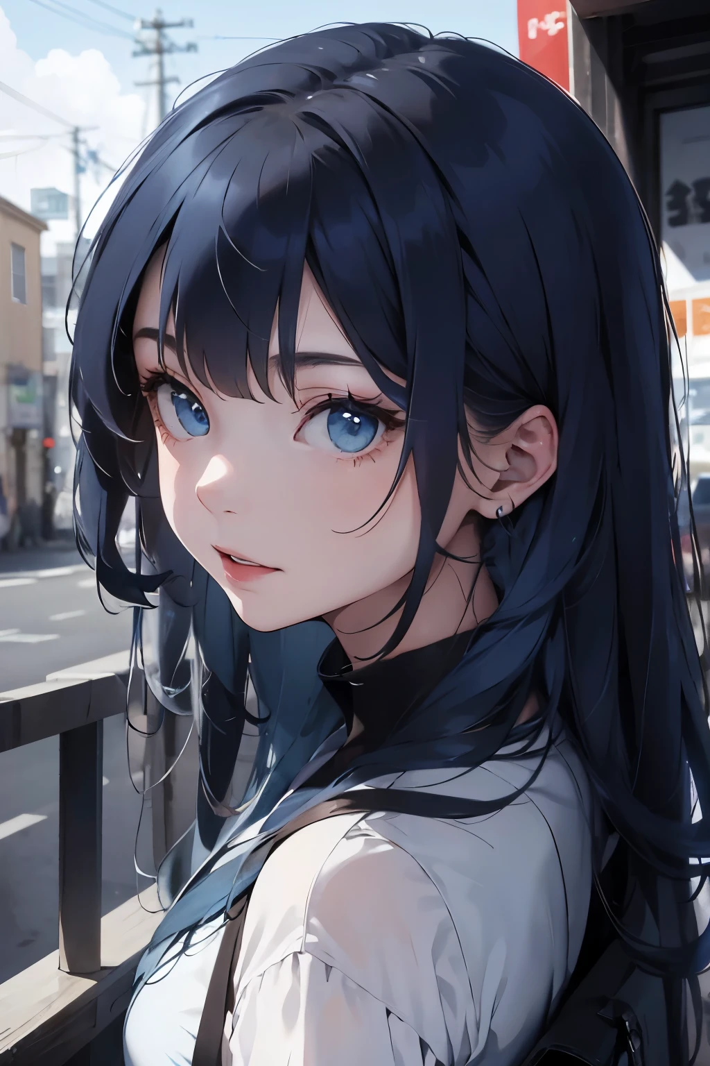 Half body portrait of a teenage woman with her back turned. Long blue hair, blue eyes, wears a plain black suit. Turn around and look back at the half-body image. look back.  view at sky