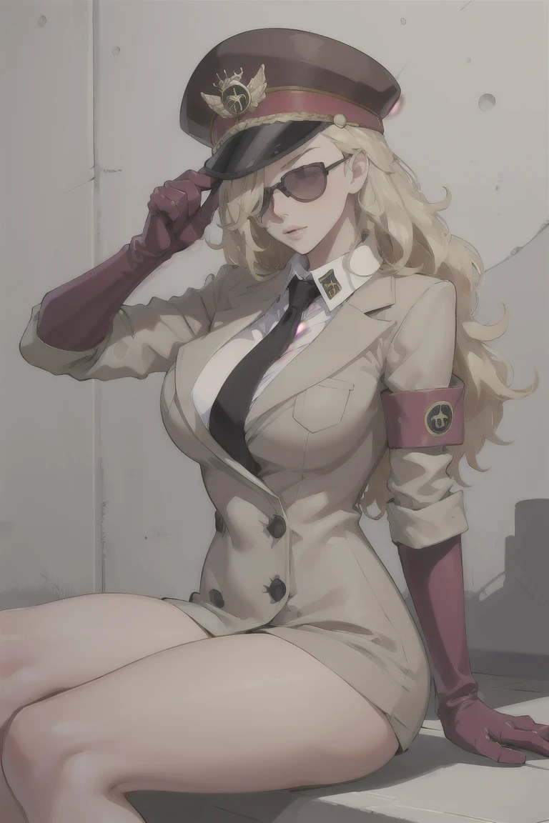 (masterpiece, best quality),domino,hat,peaked cap,uniform,gloves,sunglasses,sitting,naked, big breasts