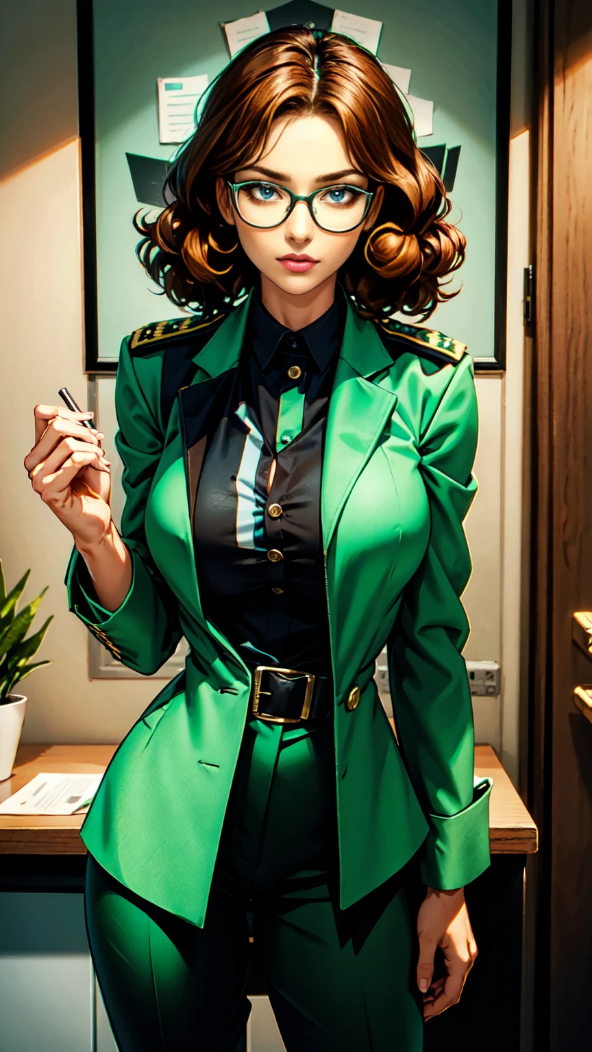 women,brown curly hair, brown eyes, glasses, oliv green BLazer Officer Uniform, oliv green Trousers, medium breast, standing in a office