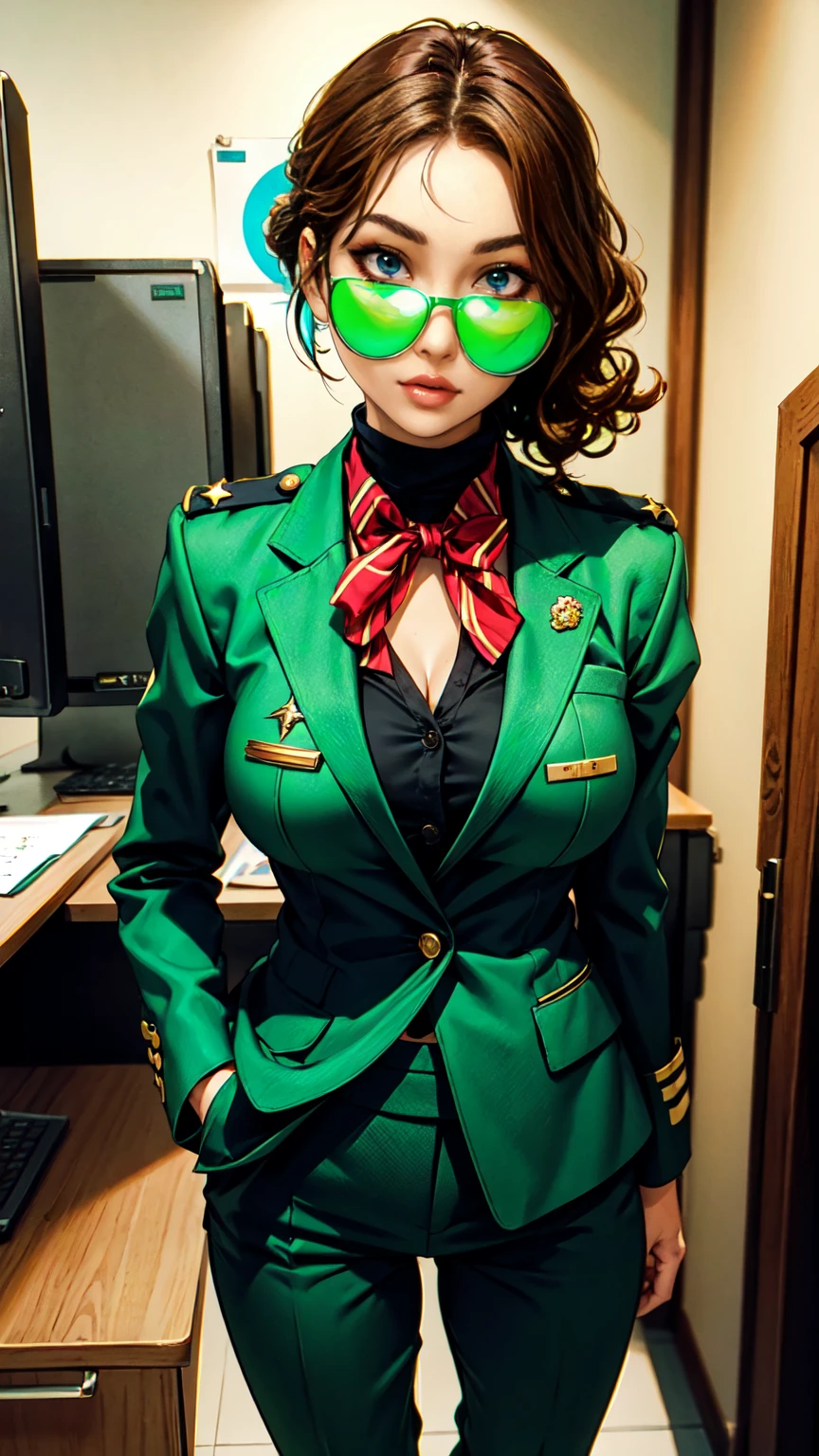women,brown curly hair, brown eyes, glasses, oliv green BLazer Officer Uniform, oliv green Trousers, medium breast, standing in a office