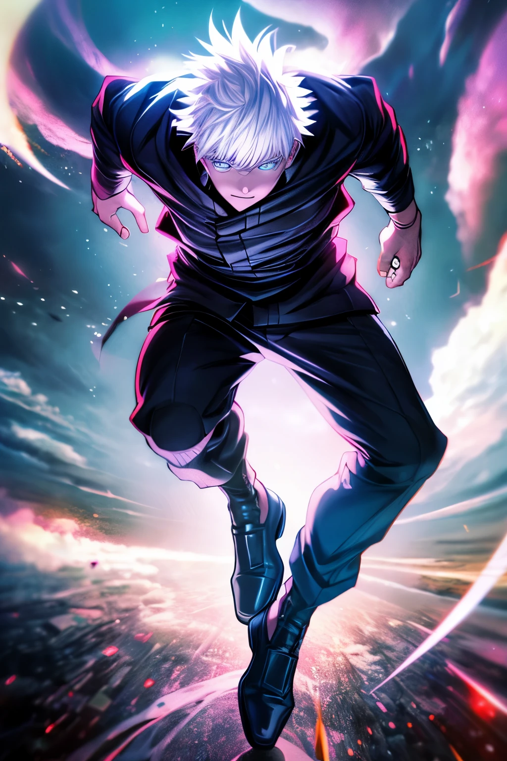 Generate the famous character Satoru Gojo from the anime Jujutsu Kaisen, dicho personaje es un albino, de pelo blanco, con ojos celestes cristalinos, tall size, lleva un polo negro manga corta, wide white pants, Chinese shoes and a black belt. The character is doing a battle pose, en un ciudad en ruinas, es de noche, the moon is bloody red. Give me the image 8k resolution, Bright light illumination, destello de lente, nitidez, obra maestra, High Definition, high resolution, extremadamente detalles CG, estilo animado, film photography, hiperdetalle.