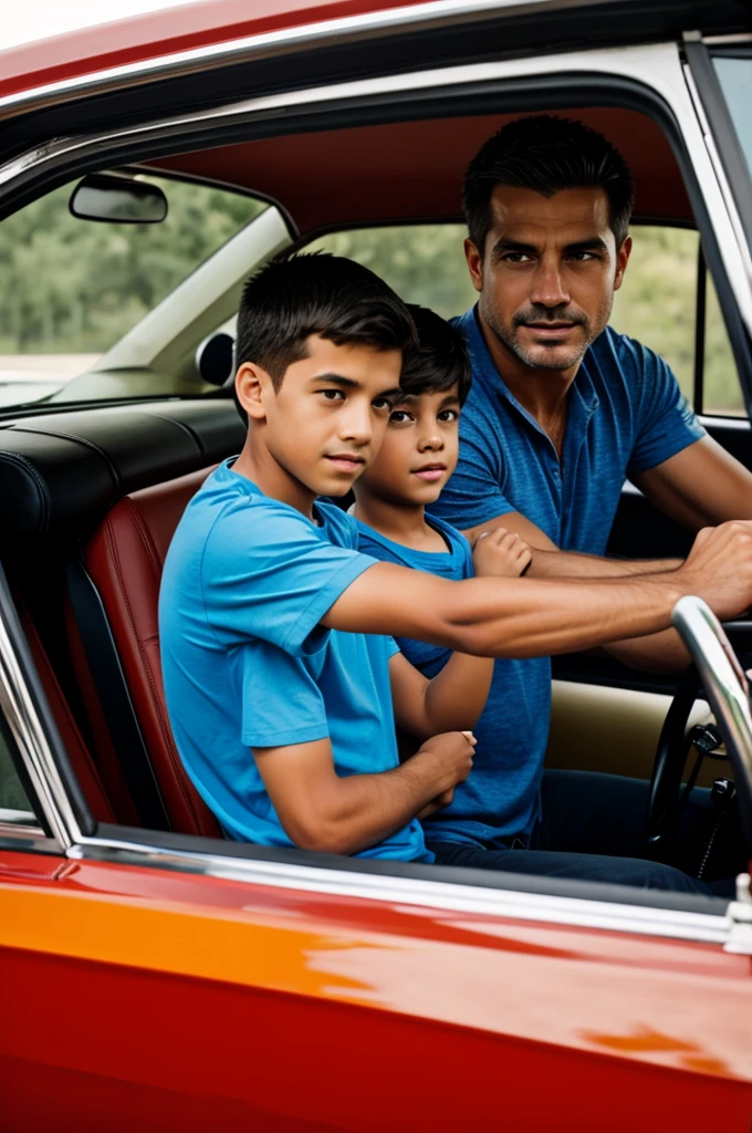 Dad and son in a muscle car on the road