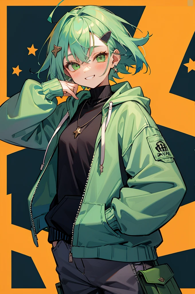 PonyXLV6_Scores , 1girl, blue hair, blush, cowboy shot, drawstring, earrings, green eyes, green hair, grin, hair between eyes, hair ornament, hairclip, hand in pocket, hand up, hood, hood down, hoodie, jewelry, long sleeves, looking at viewer, necklace, short hair, smile, solo, standing, star , (symbol), star earrings, sweater, turtleneck