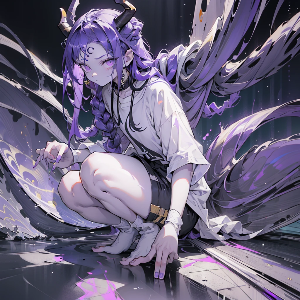 boy. open forehead. Long dark purple hair braided on the left side. Black horns with white ribbon. pale violet eyes. Long white t-shirt. Dark purple shorts. Dark purple knee socks. Robe with a white hood with an ornament of gold rings. Concrete walls black limit purple light water on the floor