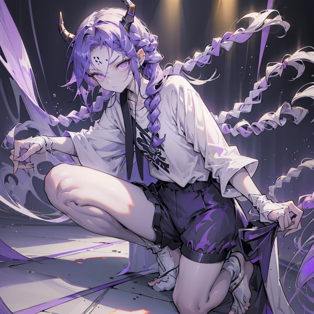 boy. open forehead. Long dark purple hair braided on the left side. Black horns with white ribbon. pale violet eyes. Long white t-shirt. Dark purple shorts. Dark purple knee socks. Robe with a white hood with an ornament of gold rings. Concrete walls black limit purple light water on the floor