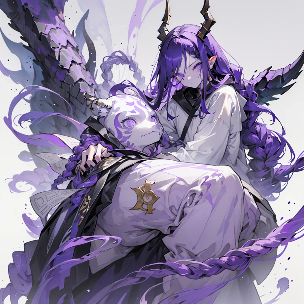 boy. open forehead. Long dark purple hair braided on the left side. Black horns with white ribbon. pale violet eyes. Long white t-shirt. Dark purple shorts. Dark purple knee socks. Robe with a white hood with an ornament of gold rings. Concrete walls black limit purple light water on the floor