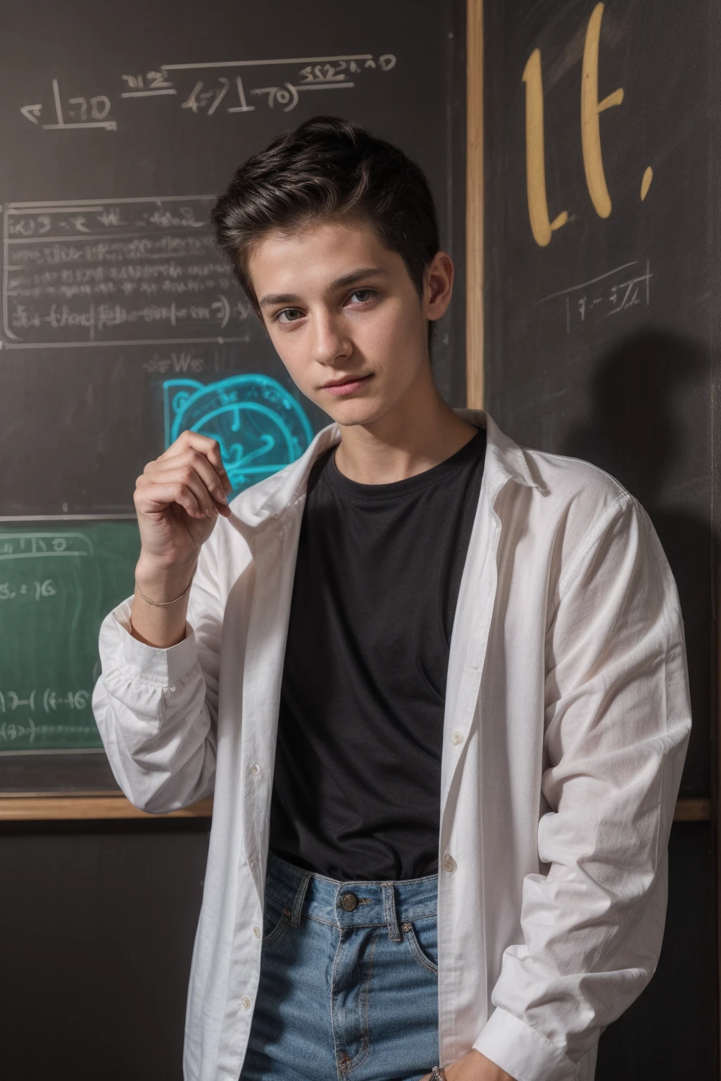 A young, cute, beautiful male twink with black hair, wearing a luxurious white long-sleeved shirt and jeans. He is in his office, and behind him is a blackboard with calculus written on it, and neon energy comes out of the blackboard. He looks proudly, his eyes have dark circles under them, and he looks with a look of horror.