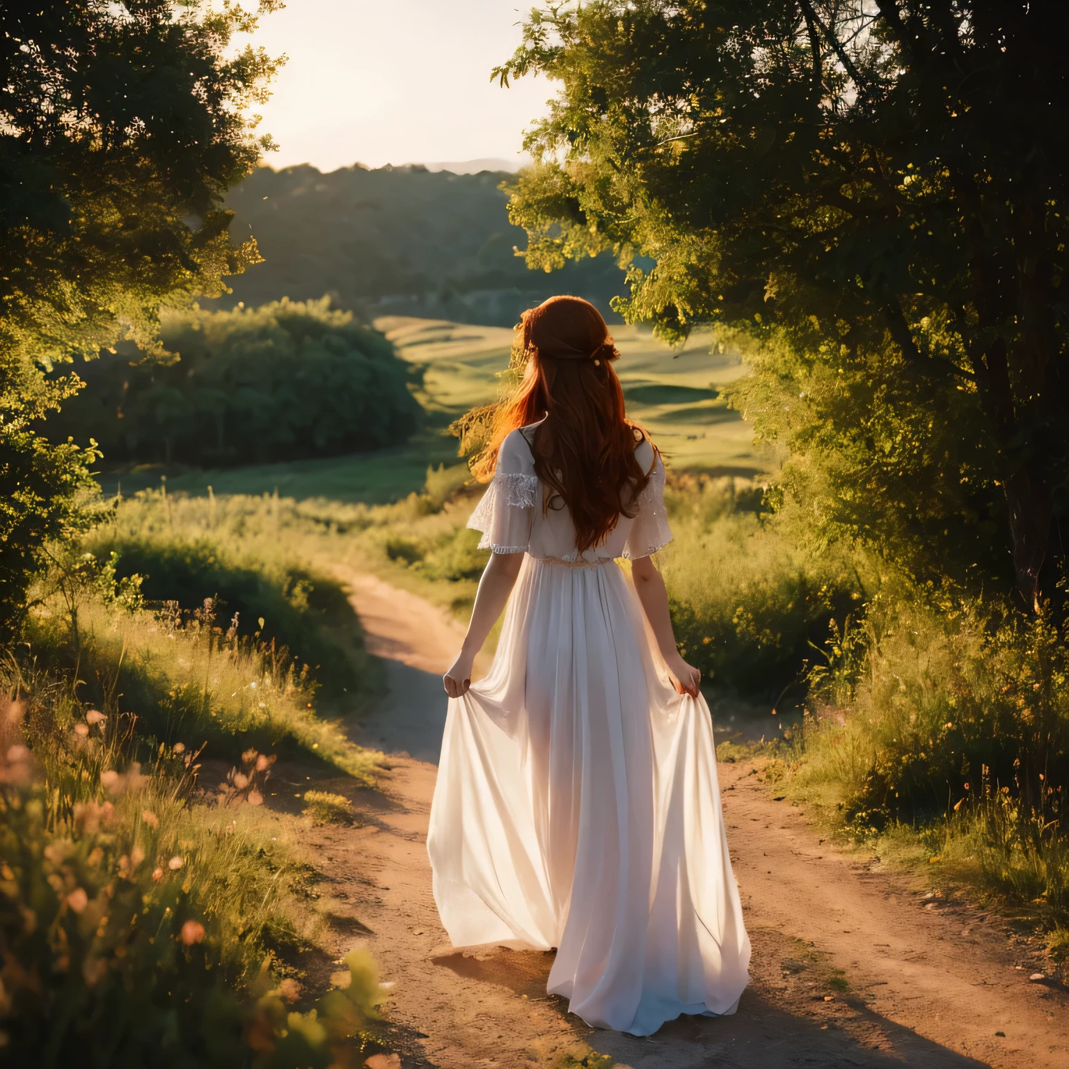 a redhead girl from behind dressed with long white dress in the countryside, ambience douce, bohemian