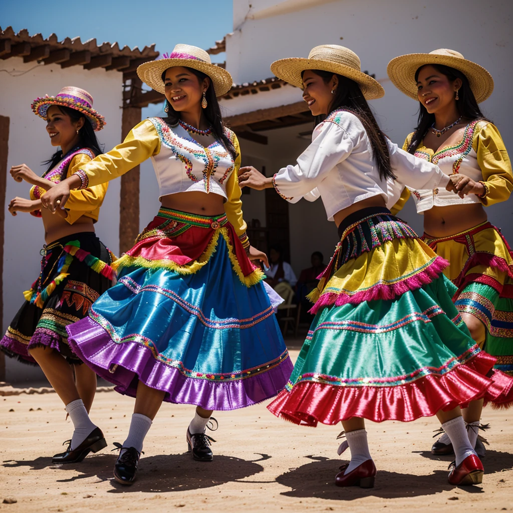 Morenada, Western cultural dance of Bolivia. Beautiful women dancing Morenada, traditional dance, pretty women wearing Morenada clothing, including hats decorated with colorful feathers, jackets and pants decorated with embroidery and sequins, ruffled skirts and petticoats, and patent leather shoes.