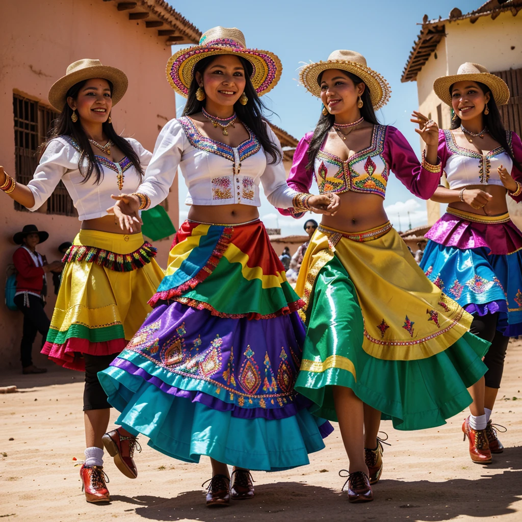 Morenada, Western cultural dance of Bolivia. Beautiful women dancing Morenada, traditional dance, pretty women wearing Morenada clothing, including hats decorated with colorful feathers, jackets and pants decorated with embroidery and sequins, ruffled skirts and petticoats, and patent leather shoes.
